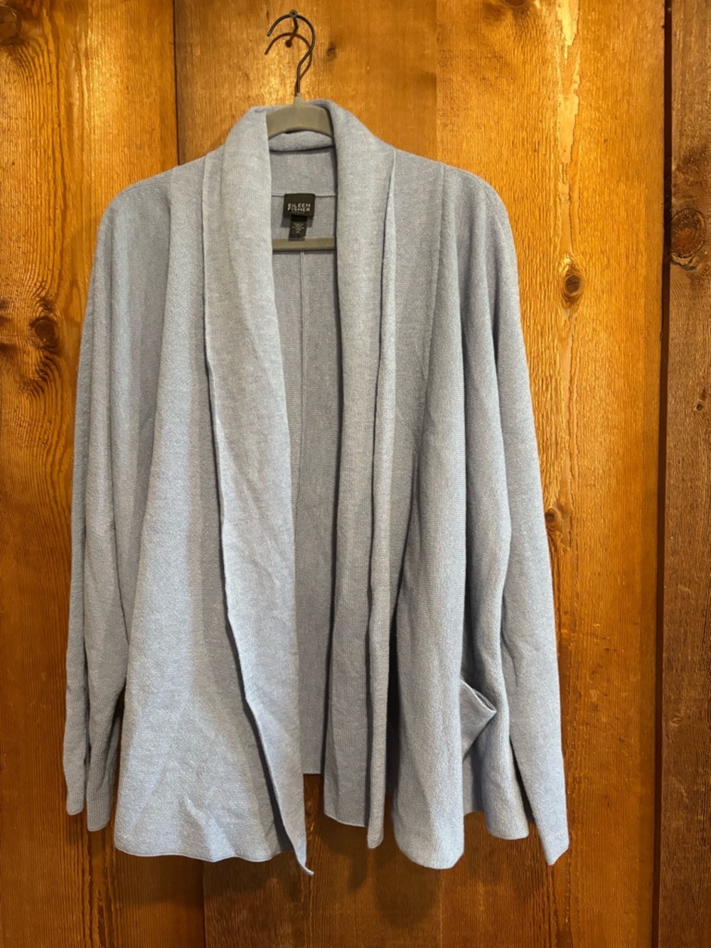 Eileen Fisher 100% Wool Light Blue Open-Front Shawl Collar Cardigan